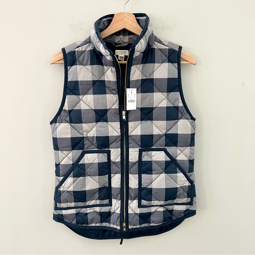 NWT J. Crew Navy Blue White Buffalo Plaid Check Puffer Vest $128 XS
